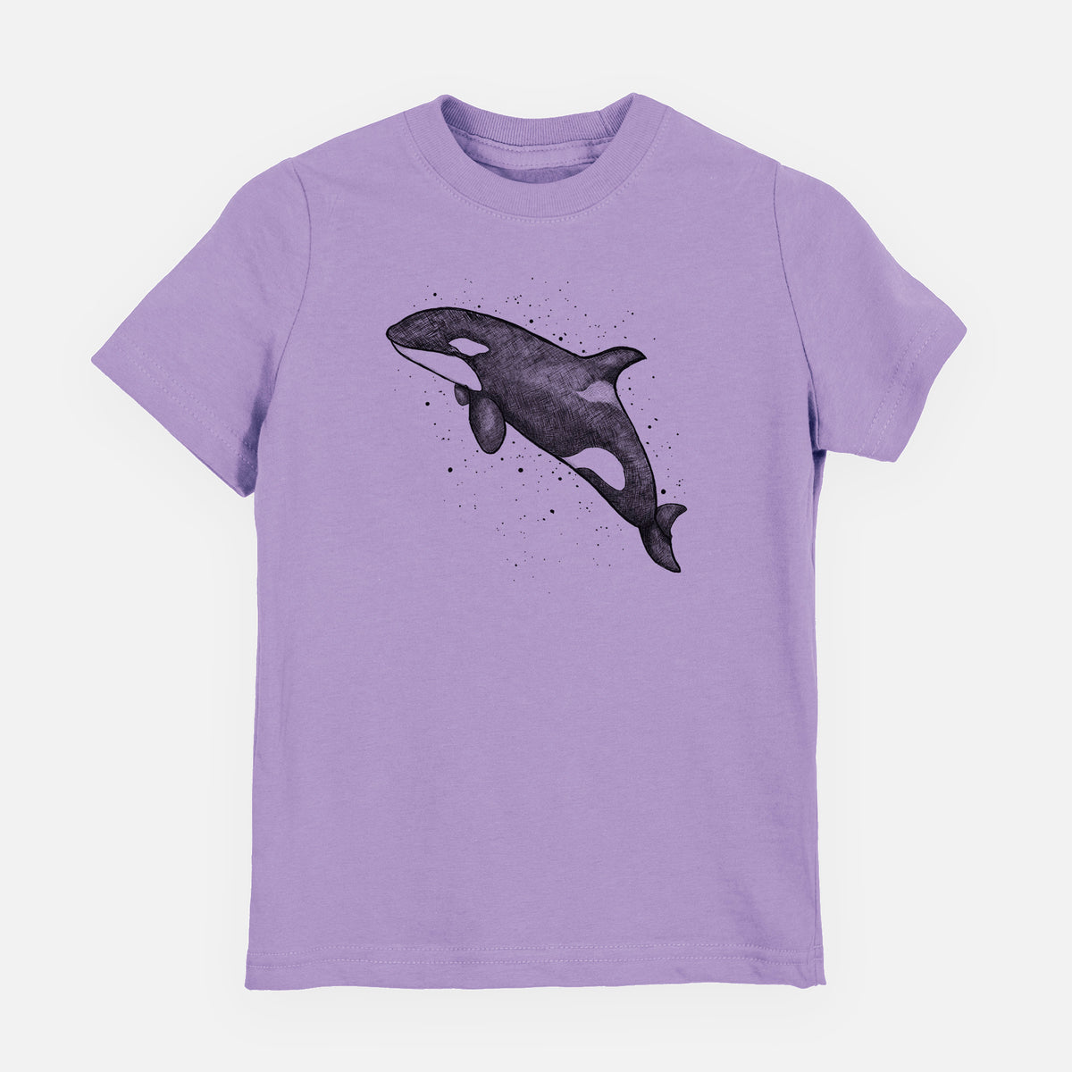 Lavender youth t-shirt laid flat, printed with a black ink illustration of an orca leaping, with ink splatters.