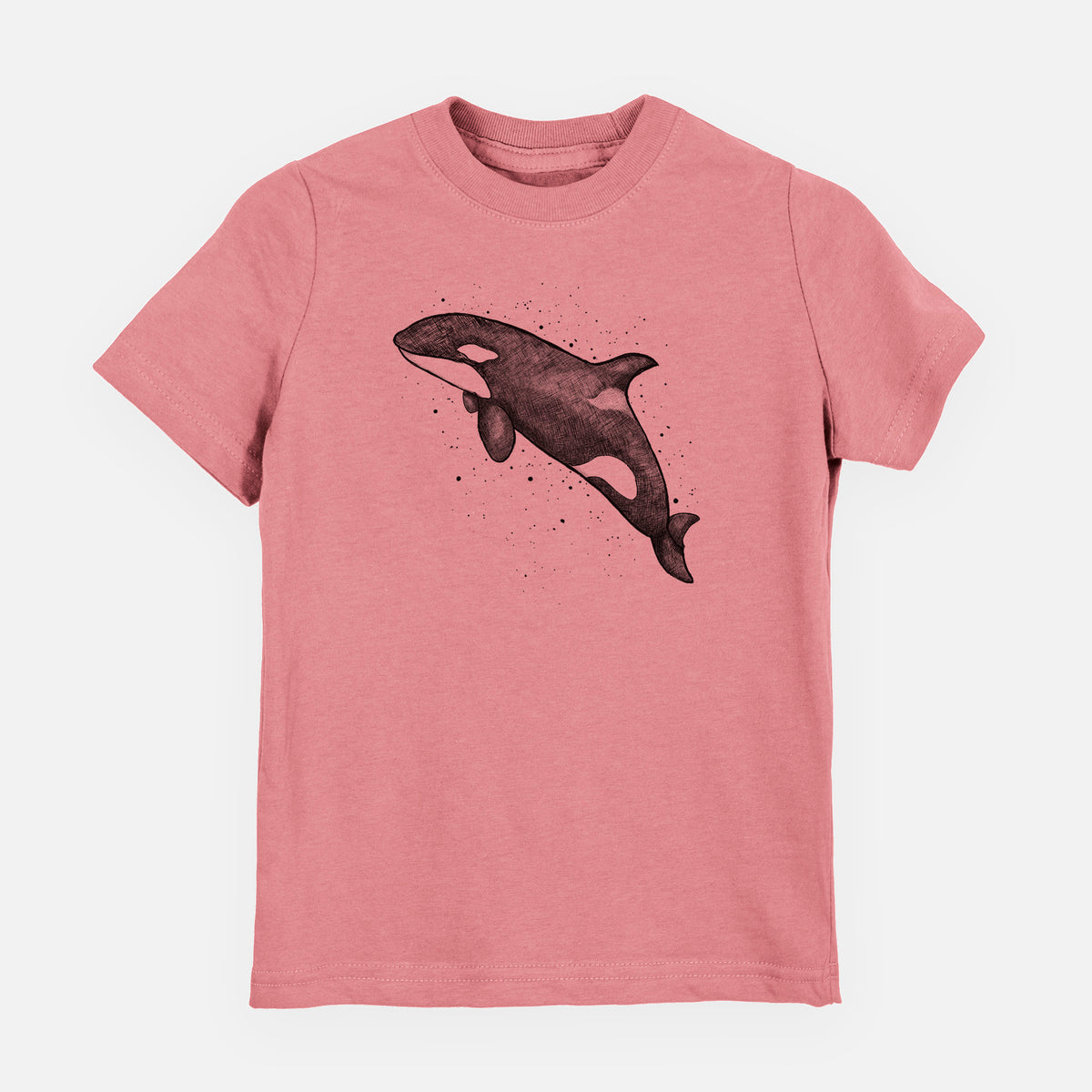 Mauve pink youth t-shirt laid flat, printed with a black ink illustration of an orca leaping, with ink splatters.