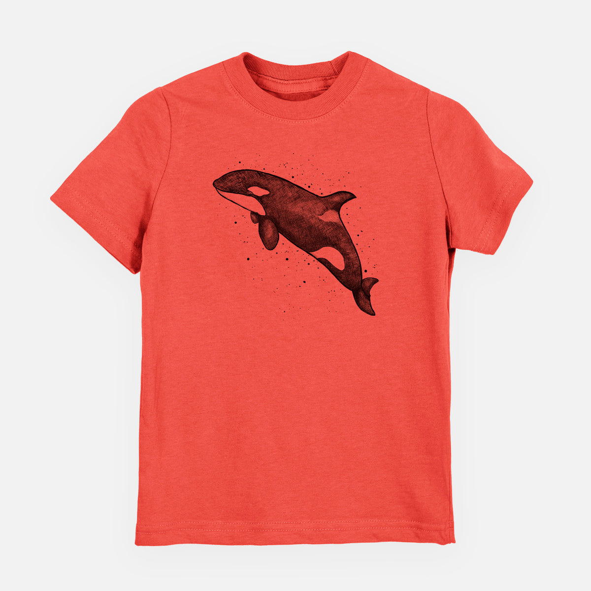 Passionfruit pink youth t-shirt laid flat, printed with a black ink illustration of an orca leaping, with ink splatters.