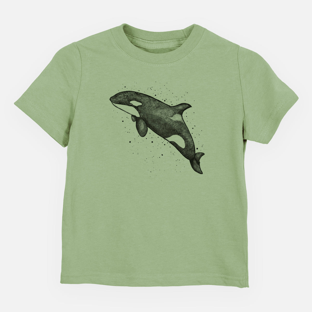 Sage green toddler t-shirt laid flat, printed with a black ink illustration of an orca leaping, with ink splatters.