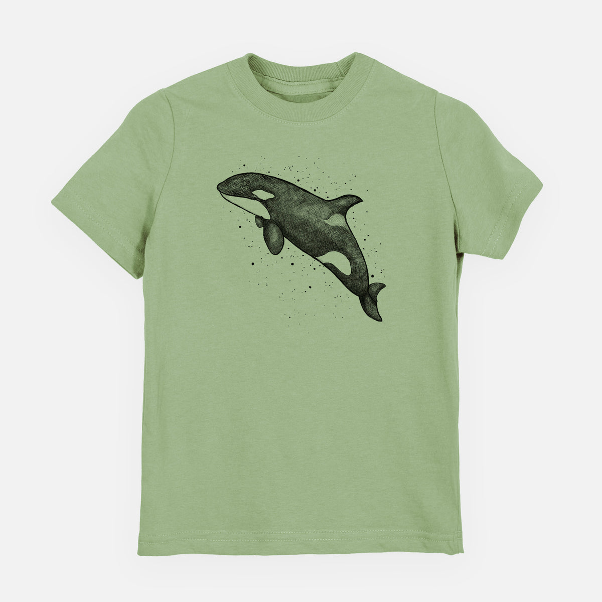 Sage green youth t-shirt laid flat, printed with a black ink illustration of an orca leaping, with ink splatters.