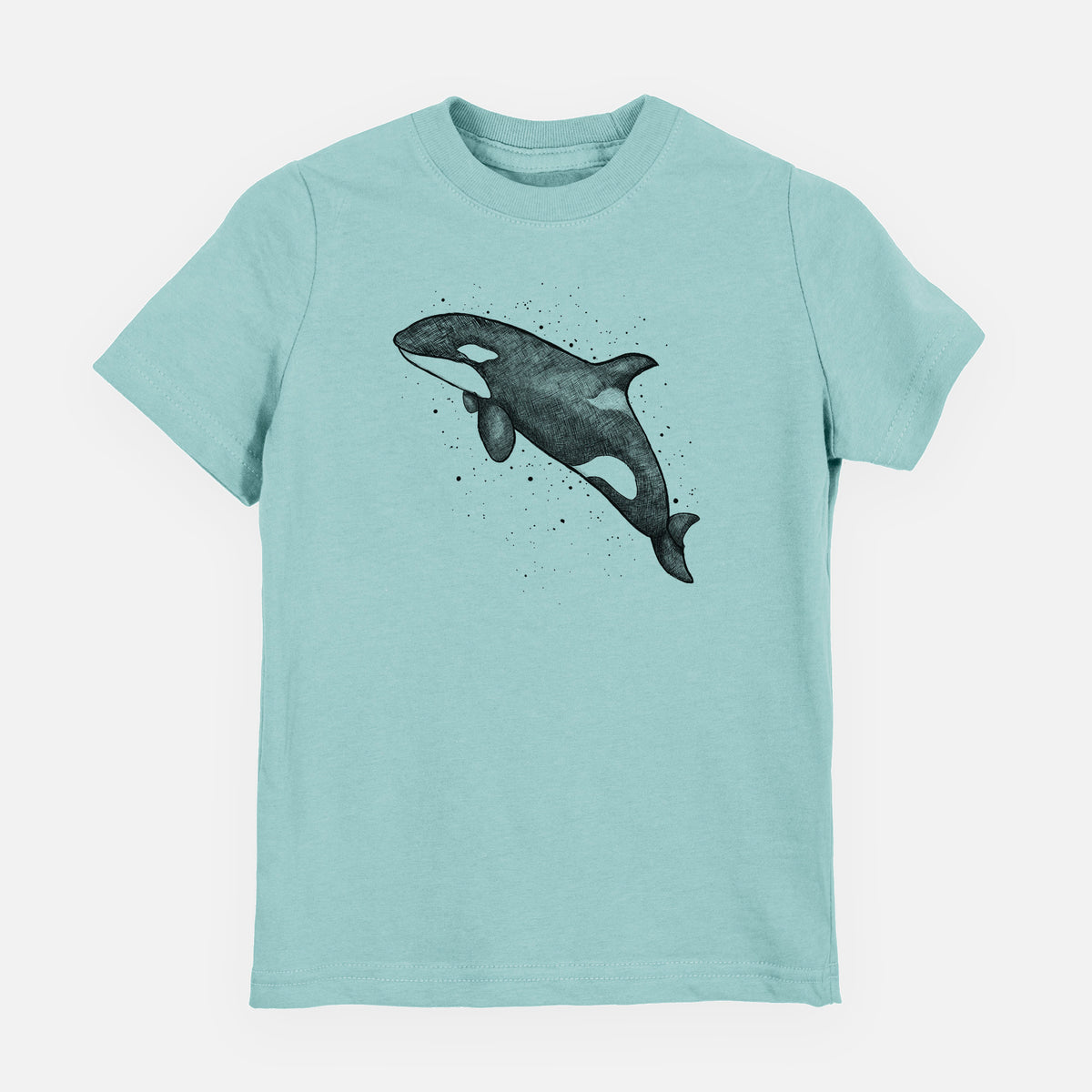 Saltwater youth t-shirt laid flat, printed with a black ink illustration of an orca leaping, with ink splatters.