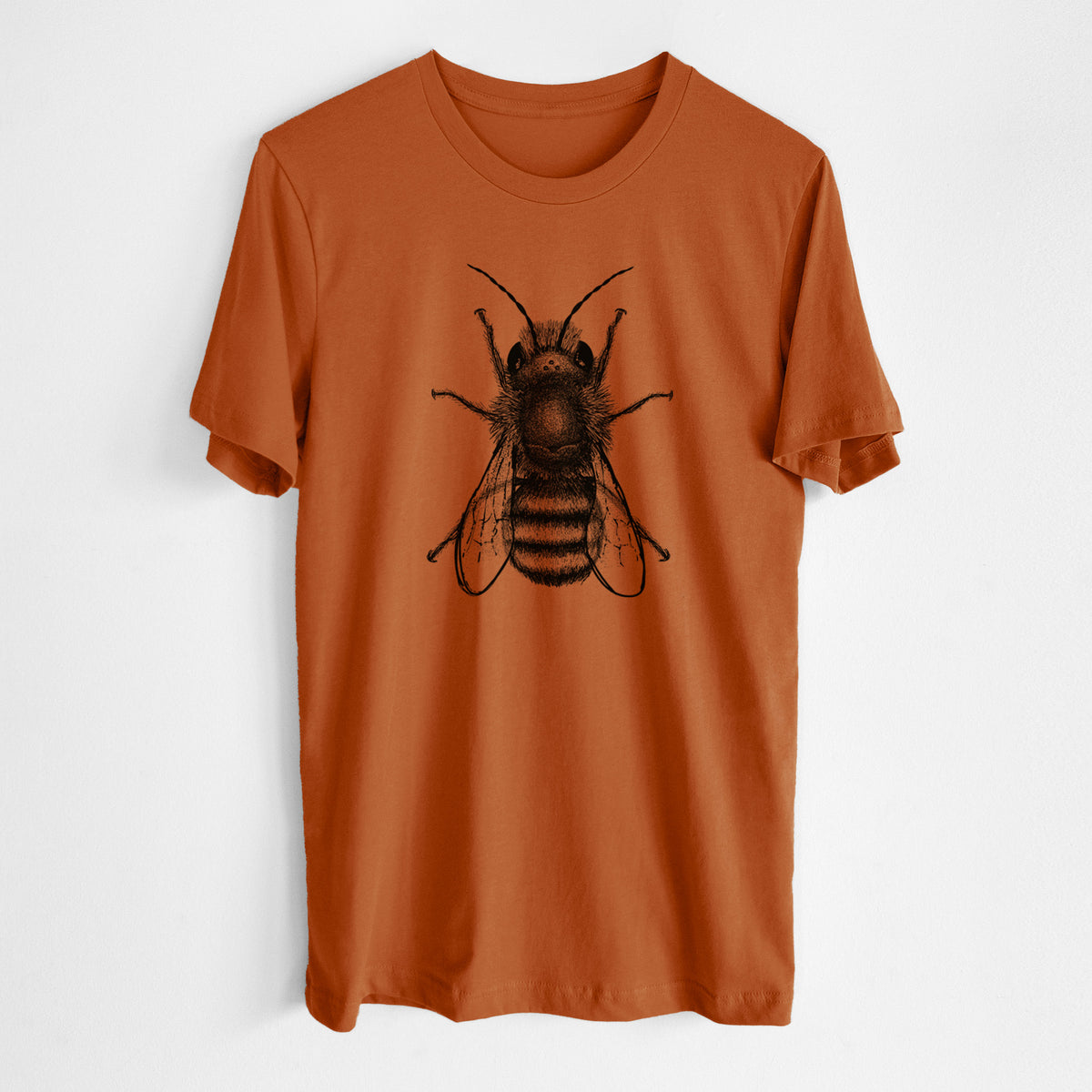 Autumn lightweight cotton t-shirt laid flat, printed with a detailed black ink illustration of a red mason bee with its wings spread, seen from above.