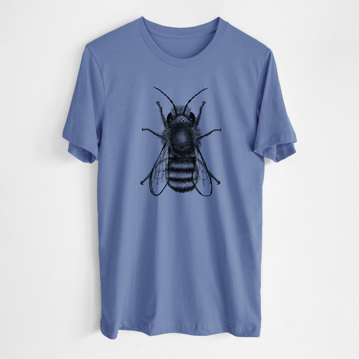 Blue bell lightweight cotton t-shirt laid flat, printed with a detailed black ink illustration of a red mason bee with its wings spread, seen from above.