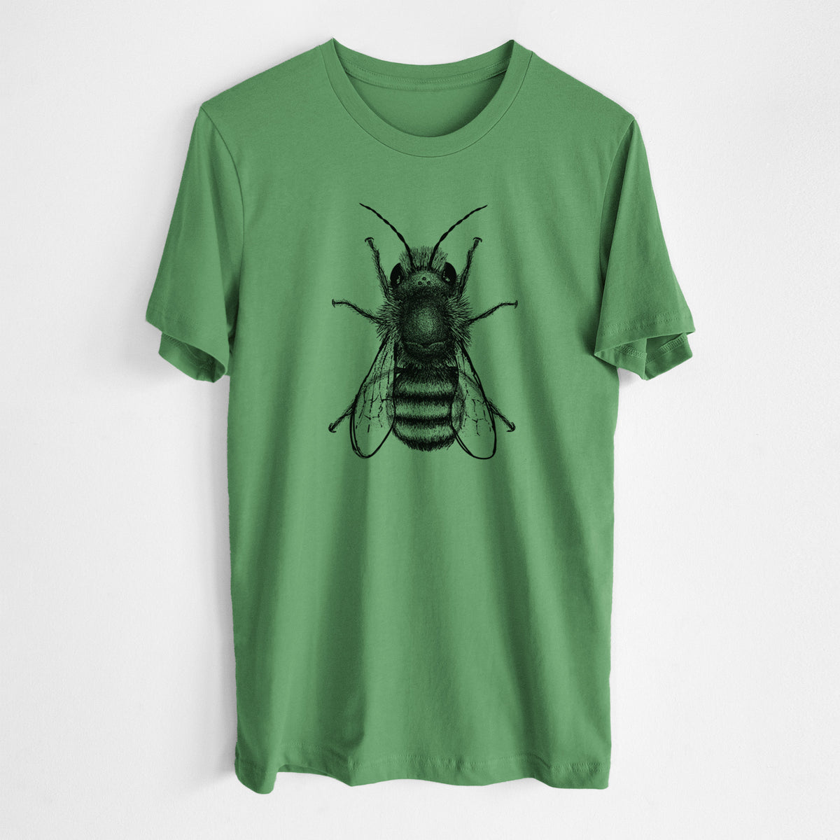 Leaf green lightweight cotton t-shirt laid flat, printed with a detailed black ink illustration of a red mason bee with its wings spread, seen from above.