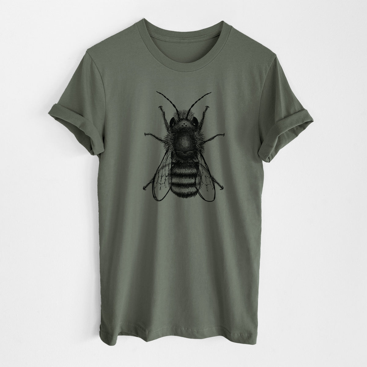 Military green lightweight cotton t-shirt laid flat, printed with a detailed black ink illustration of a red mason bee with its wings spread, seen from above.