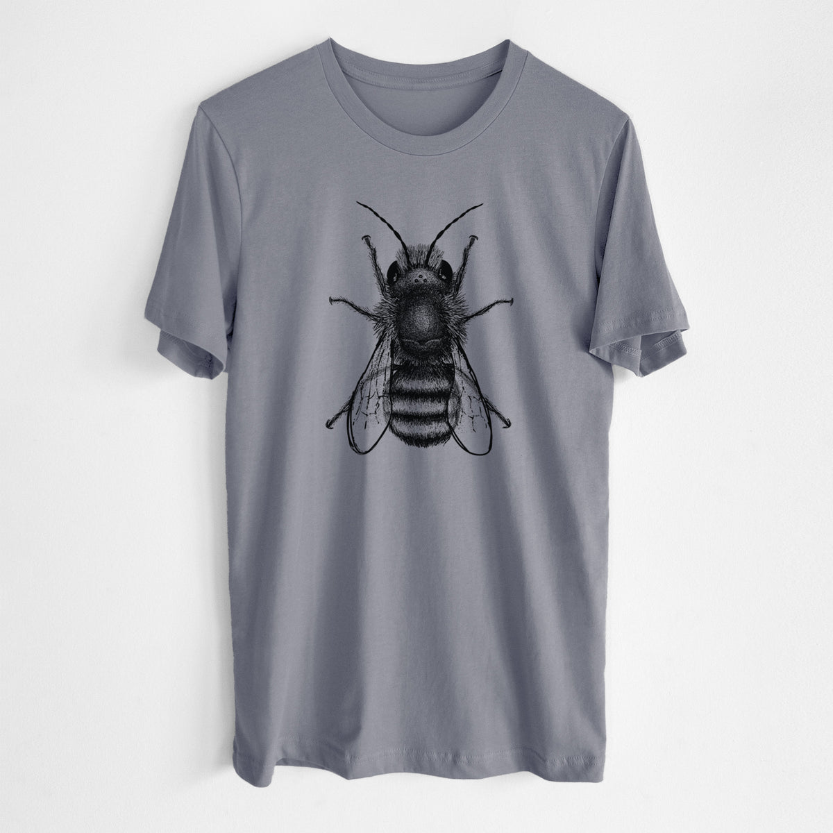 Storm grey lightweight cotton t-shirt laid flat, printed with a detailed black ink illustration of a red mason bee with its wings spread, seen from above.