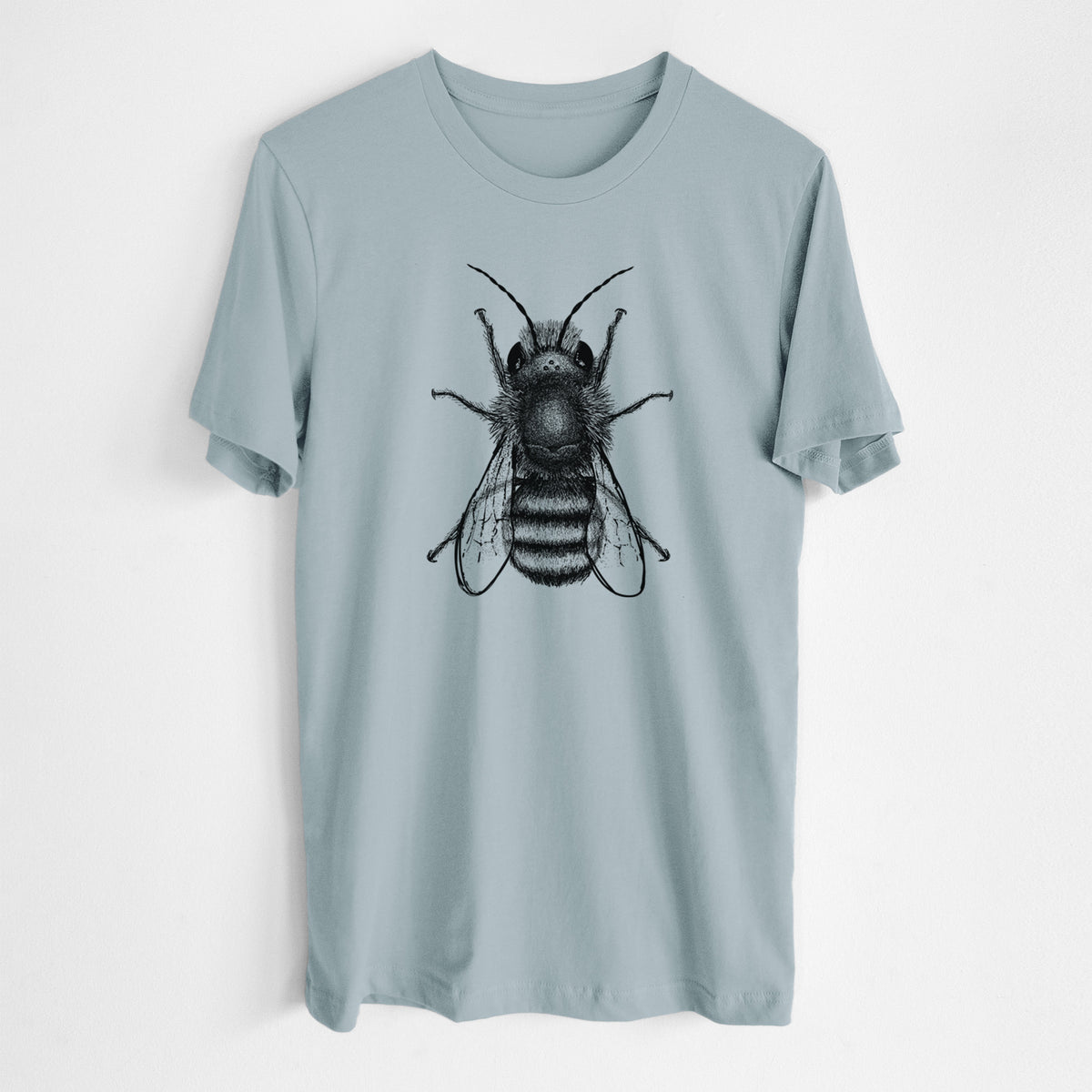 Vintage denim lightweight cotton t-shirt laid flat, printed with a detailed black ink illustration of a red mason bee with its wings spread, seen from above.
