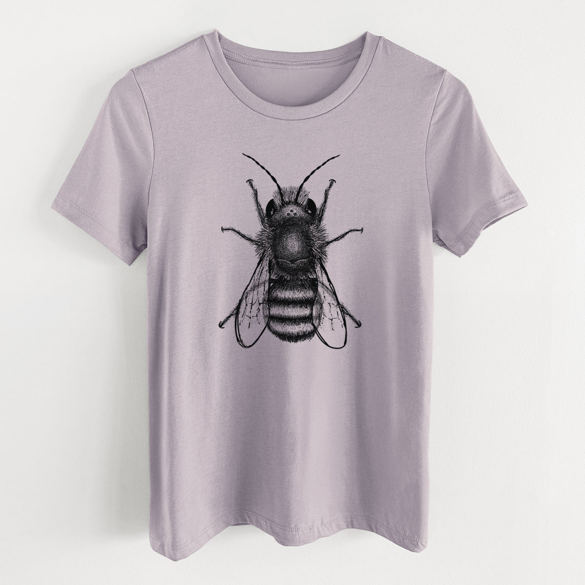Light violet women's relaxed fit cotton t-shirt laid flat, printed with a detailed black ink illustration of a red mason bee with its wings spread, seen from above.