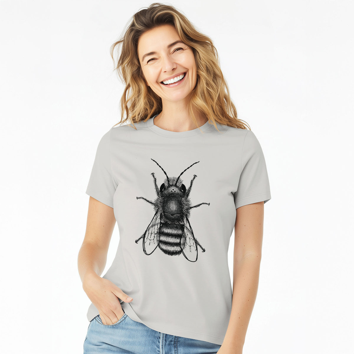 Woman wearing a lunar grey women's relaxed fit cotton t-shirt printed with a detailed black ink illustration of a red mason bee with its wings spread, seen from above.