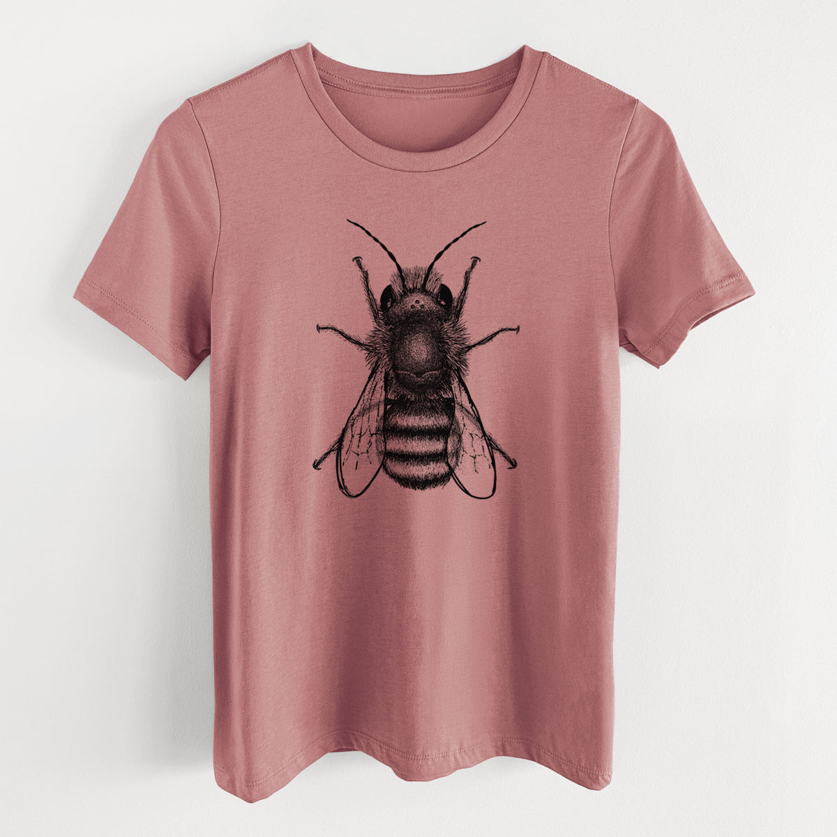 Mauve pink women's relaxed fit cotton t-shirt laid flat, printed with a detailed black ink illustration of a red mason bee with its wings spread, seen from above.