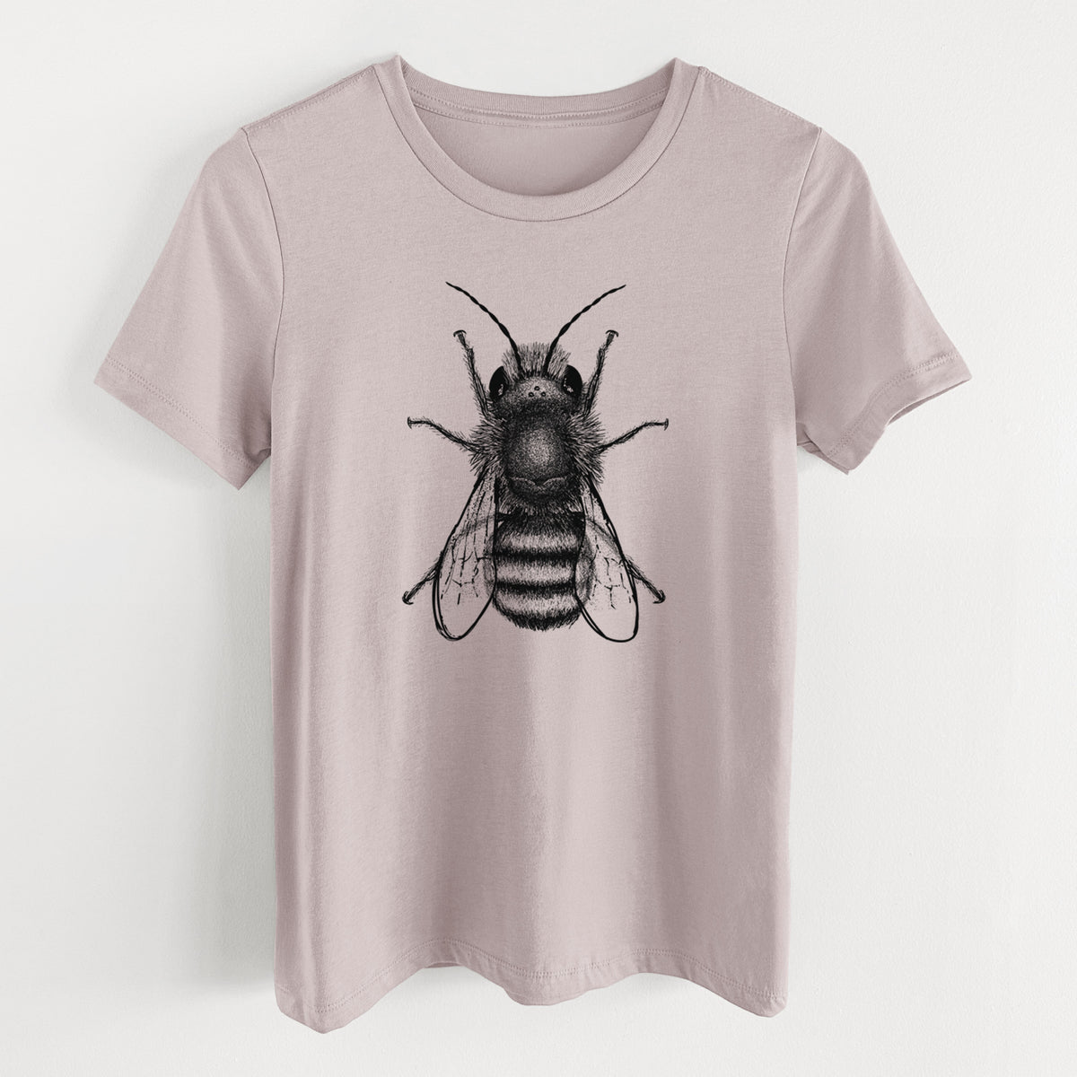 Pink gravel women's relaxed fit cotton t-shirt laid flat, printed with a detailed black ink illustration of a red mason bee with its wings spread, seen from above.
