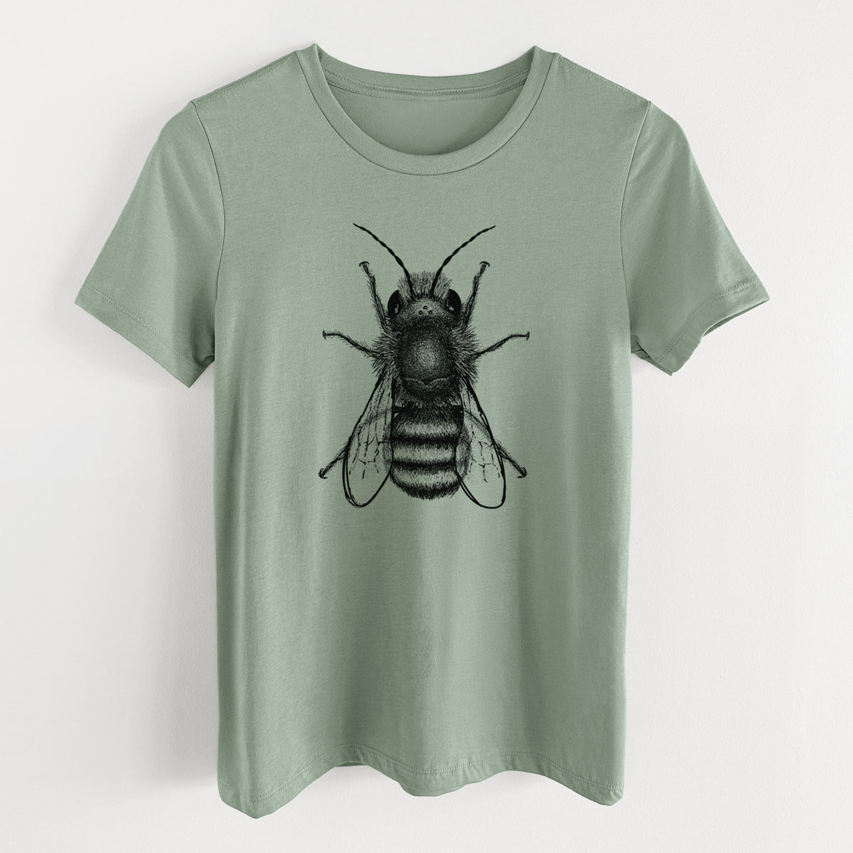 Sage green women's relaxed fit cotton t-shirt laid flat, printed with a detailed black ink illustration of a red mason bee with its wings spread, seen from above.