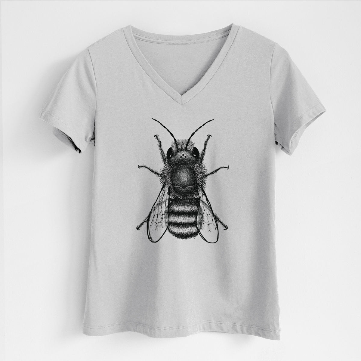 Lunar grey women's relaxed fit cotton V-neck t-shirt laid flat, printed with a detailed black ink illustration of a red mason bee with its wings spread, seen from above.