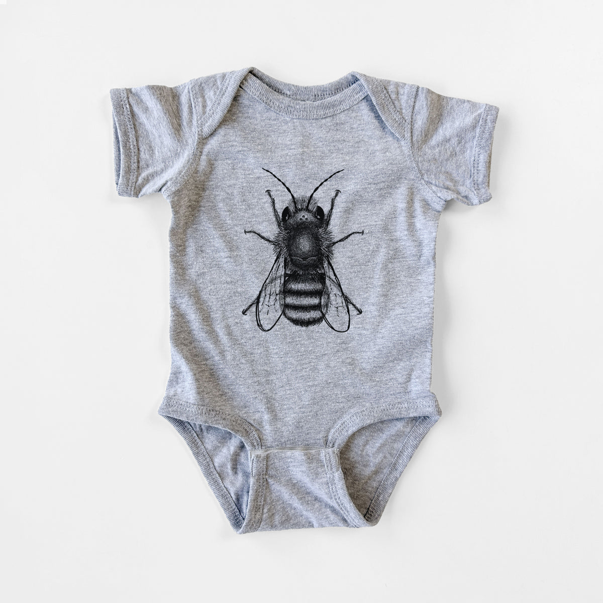 Grey baby bodysuit laid flat, printed with a detailed black ink illustration of a red mason bee with its wings spread, seen from above.