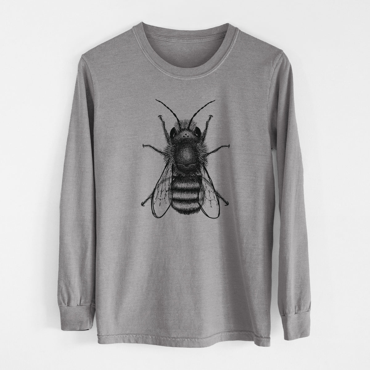 Grey Comfort Colors long sleeve shirt laid flat, printed with a detailed black ink illustration of a red mason bee with its wings spread, seen from above.