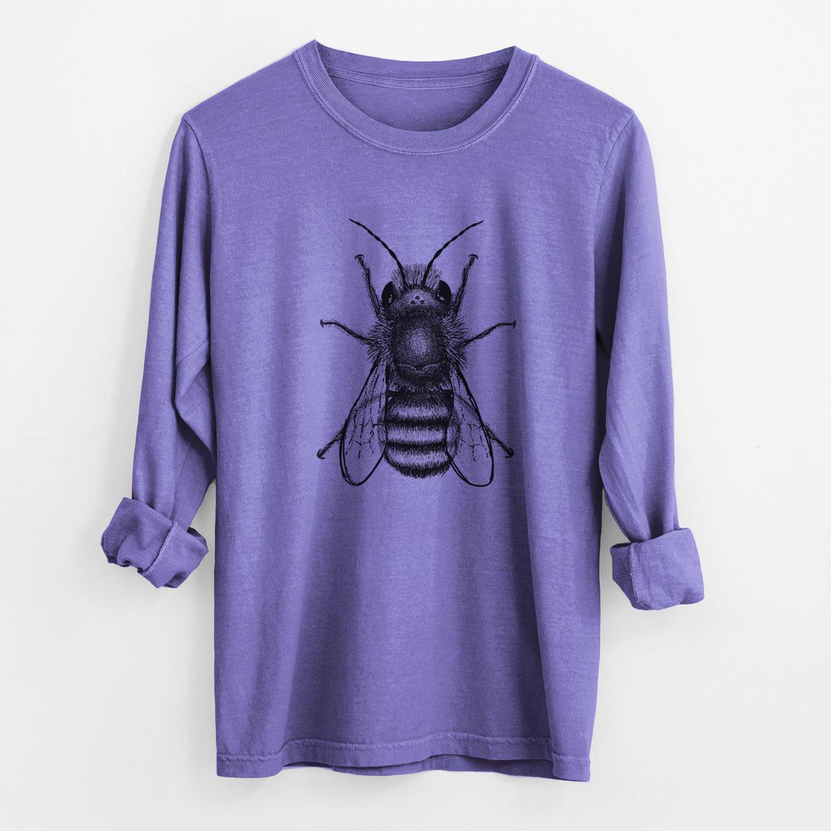 Violet purple Comfort Colors long sleeve shirt laid flat with the cuffs rolled, printed with a detailed black ink illustration of a red mason bee with its wings spread, seen from above.