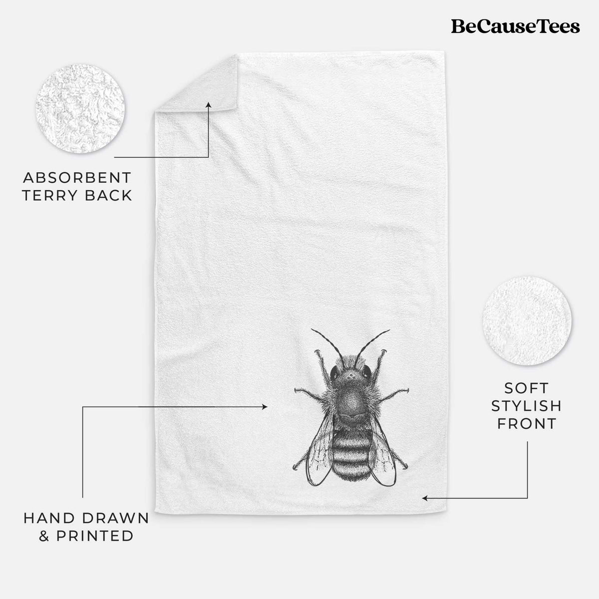 White hand towel printed with a detailed black ink illustration of a red mason bee with its wings spread, seen from above.