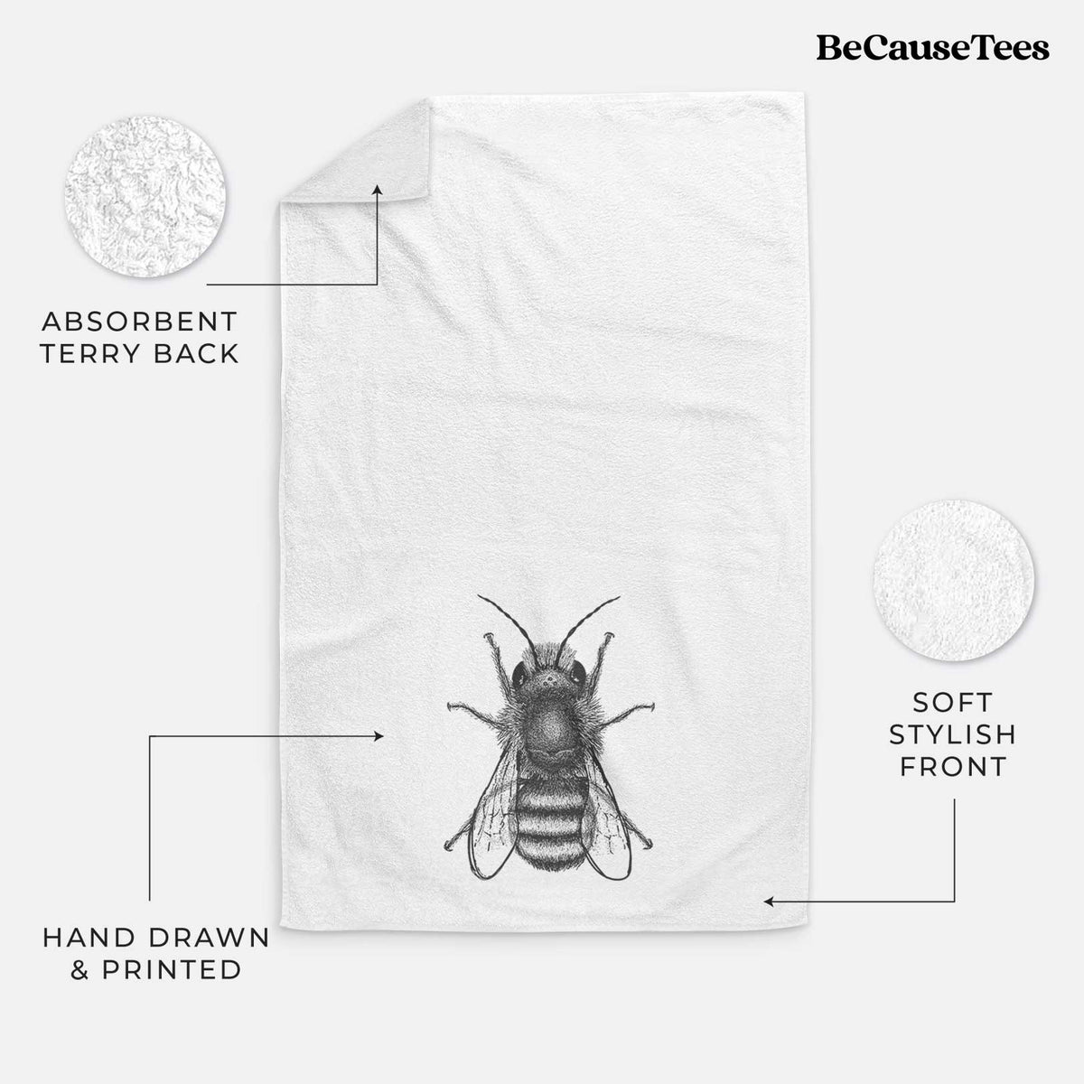 White hand towel printed with a detailed black ink illustration of a red mason bee with its wings spread, seen from above.