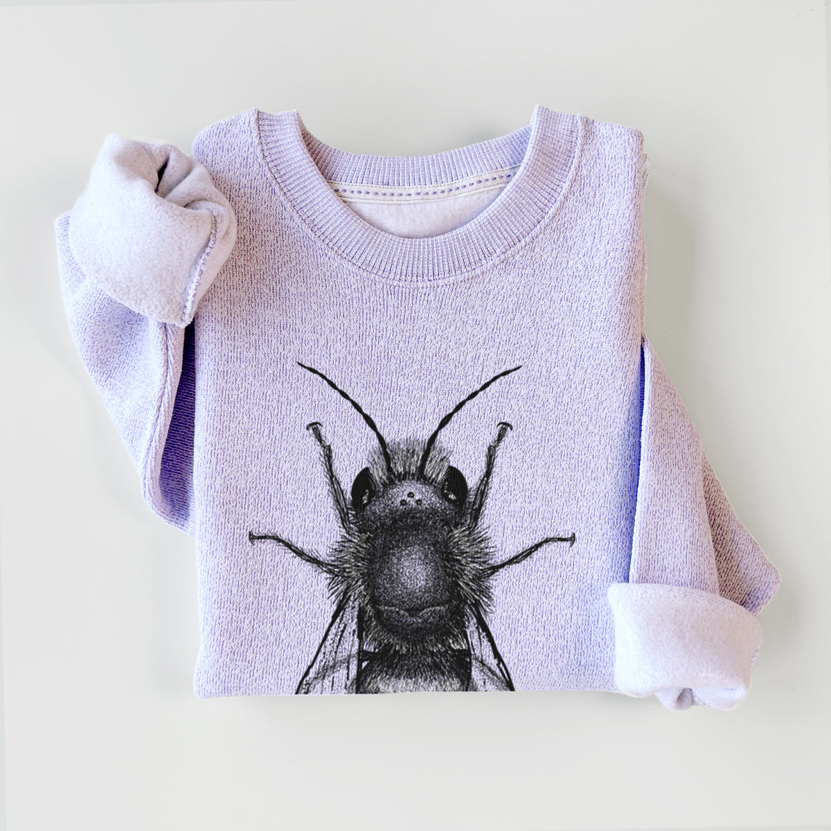 Ice purple knit sweatshirt printed with a detailed black ink illustration of a red mason bee with its wings spread, seen from above, styled flat.