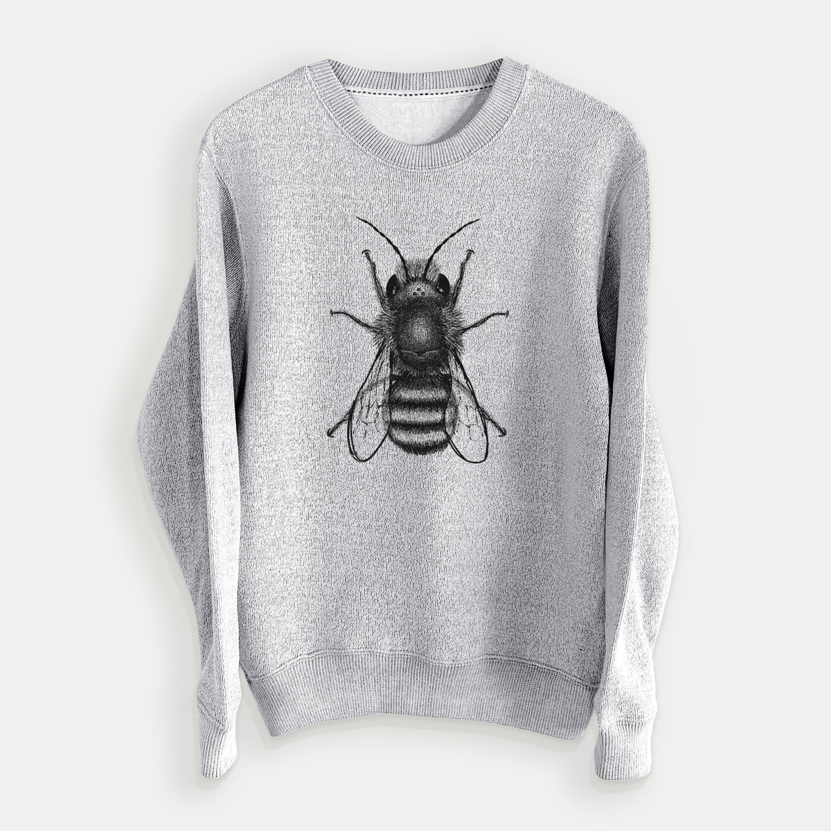 Salt and pepper knit sweatshirt laid flat, printed with a detailed black ink illustration of a red mason bee with its wings spread, seen from above.
