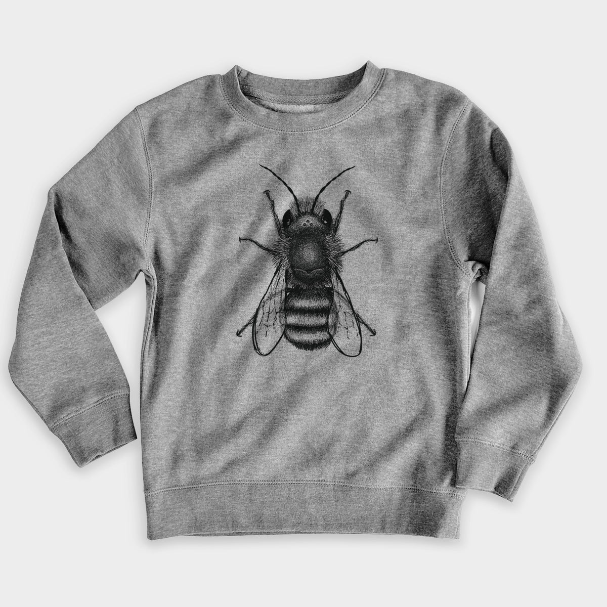 Nickel grey youth crewneck sweatshirt laid flat, printed with a detailed black ink illustration of a red mason bee with its wings spread, seen from above.