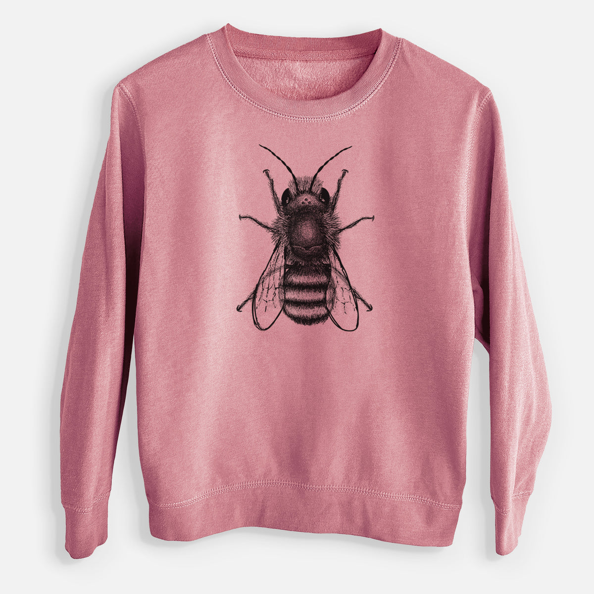 Mauve pink youth crewneck sweatshirt laid flat, printed with a detailed black ink illustration of a red mason bee with its wings spread, seen from above.