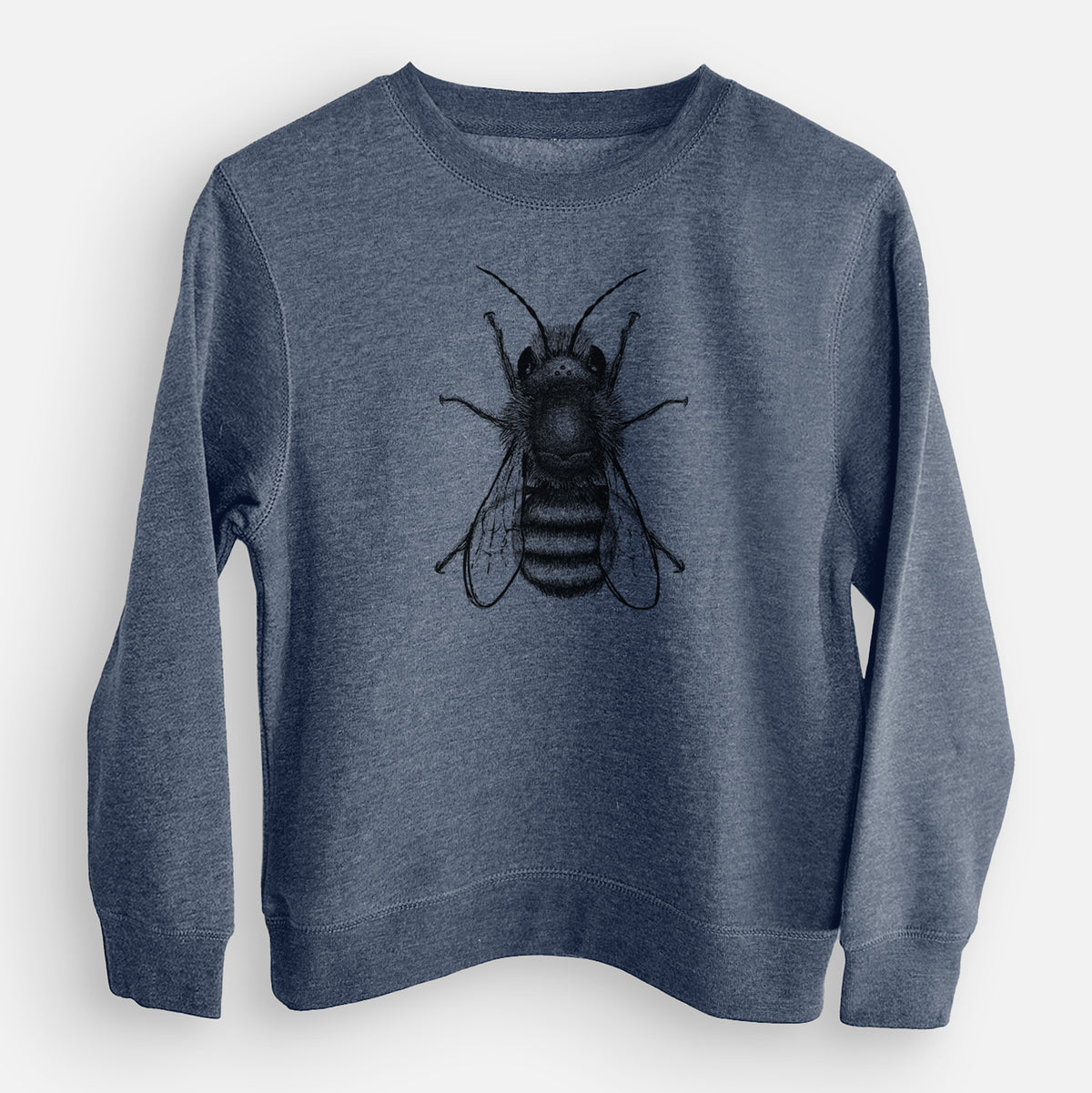 Storm blue youth crewneck sweatshirt laid flat, printed with a detailed black ink illustration of a red mason bee with its wings spread, seen from above.