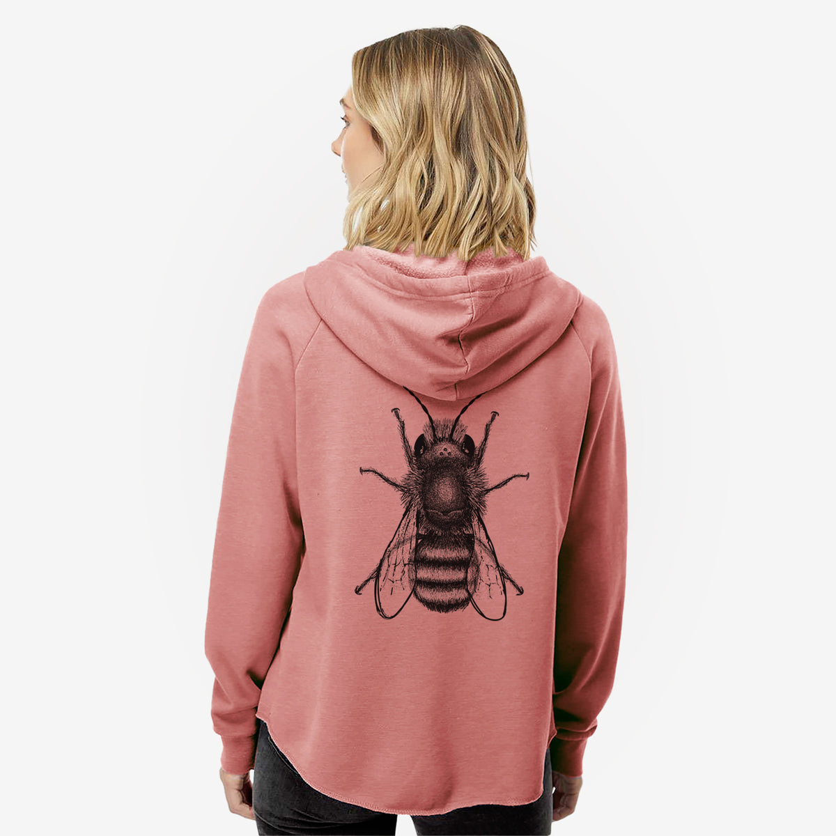 Woman wearing a dusty rose women's Cali Wave zip-up sweatshirt printed with a detailed black ink illustration of a red mason bee with its wings spread, seen from above, seen from behind.