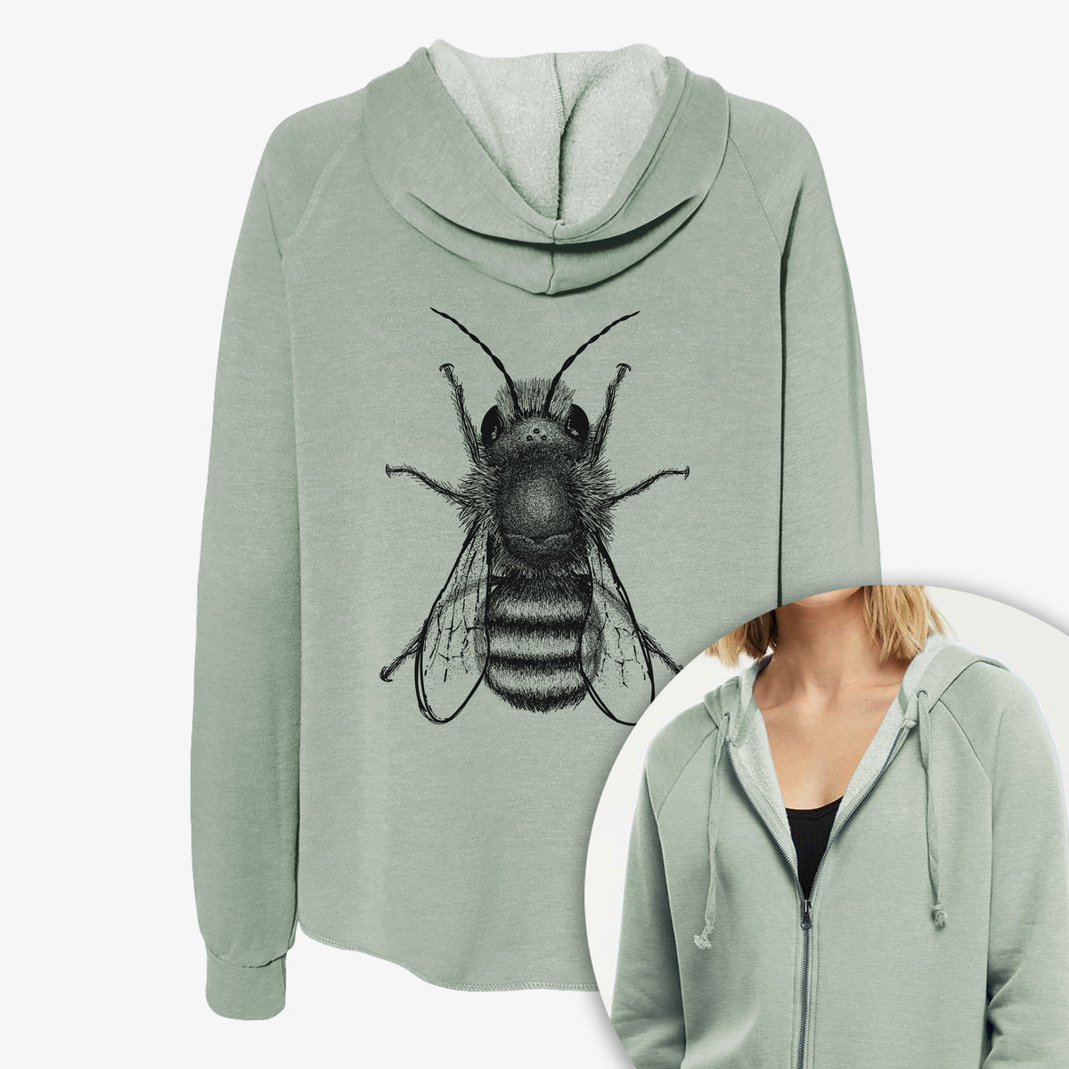 Women's Cali Wave zip-up sweatshirt printed with a detailed black ink illustration of a red mason bee with its wings spread, seen from above, with a close-up of the zipper.