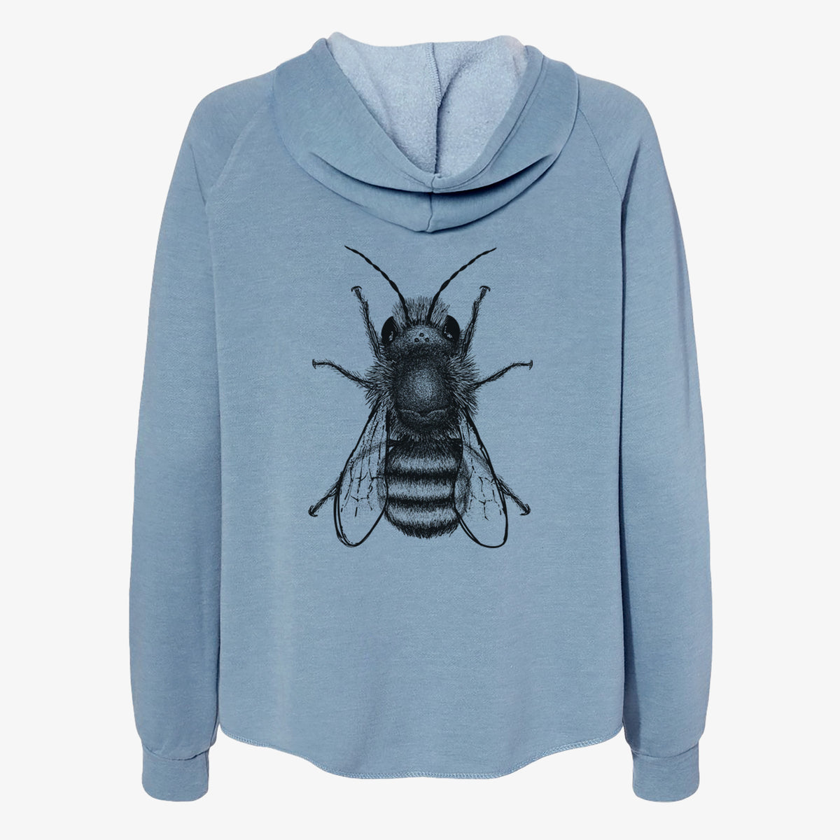 Misty blue women's Cali Wave zip-up sweatshirt laid flat, printed with a detailed black ink illustration of a red mason bee with its wings spread, seen from above.