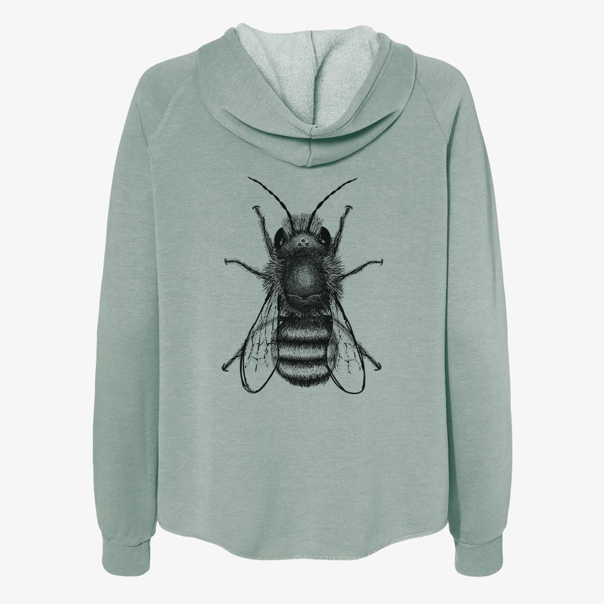 Sage green women's Cali Wave zip-up sweatshirt laid flat, printed with a detailed black ink illustration of a red mason bee with its wings spread, seen from above.