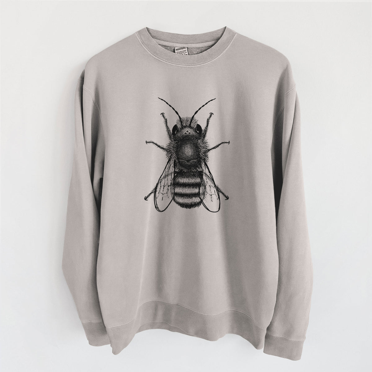 Cement grey pigment dyed crewneck sweatshirt laid flat, printed with a detailed black ink illustration of a red mason bee with its wings spread, seen from above.