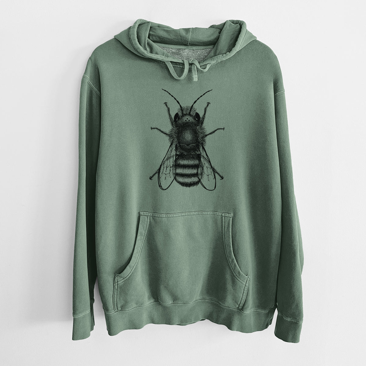 Alpine green pigment dyed hoodie laid flat, printed with a detailed black ink illustration of a red mason bee with its wings spread, seen from above.