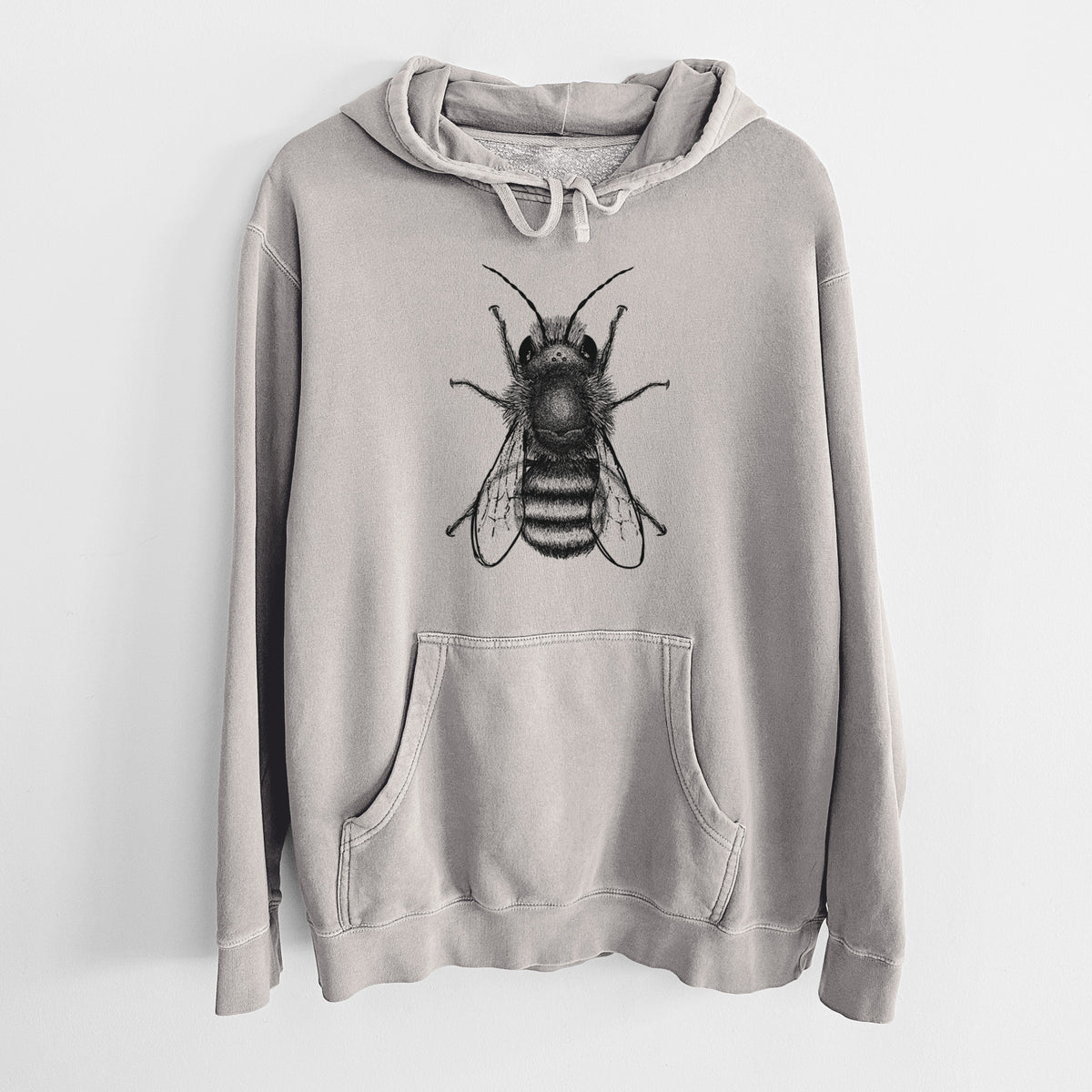 Cement grey pigment dyed hoodie laid flat, printed with a detailed black ink illustration of a red mason bee with its wings spread, seen from above.