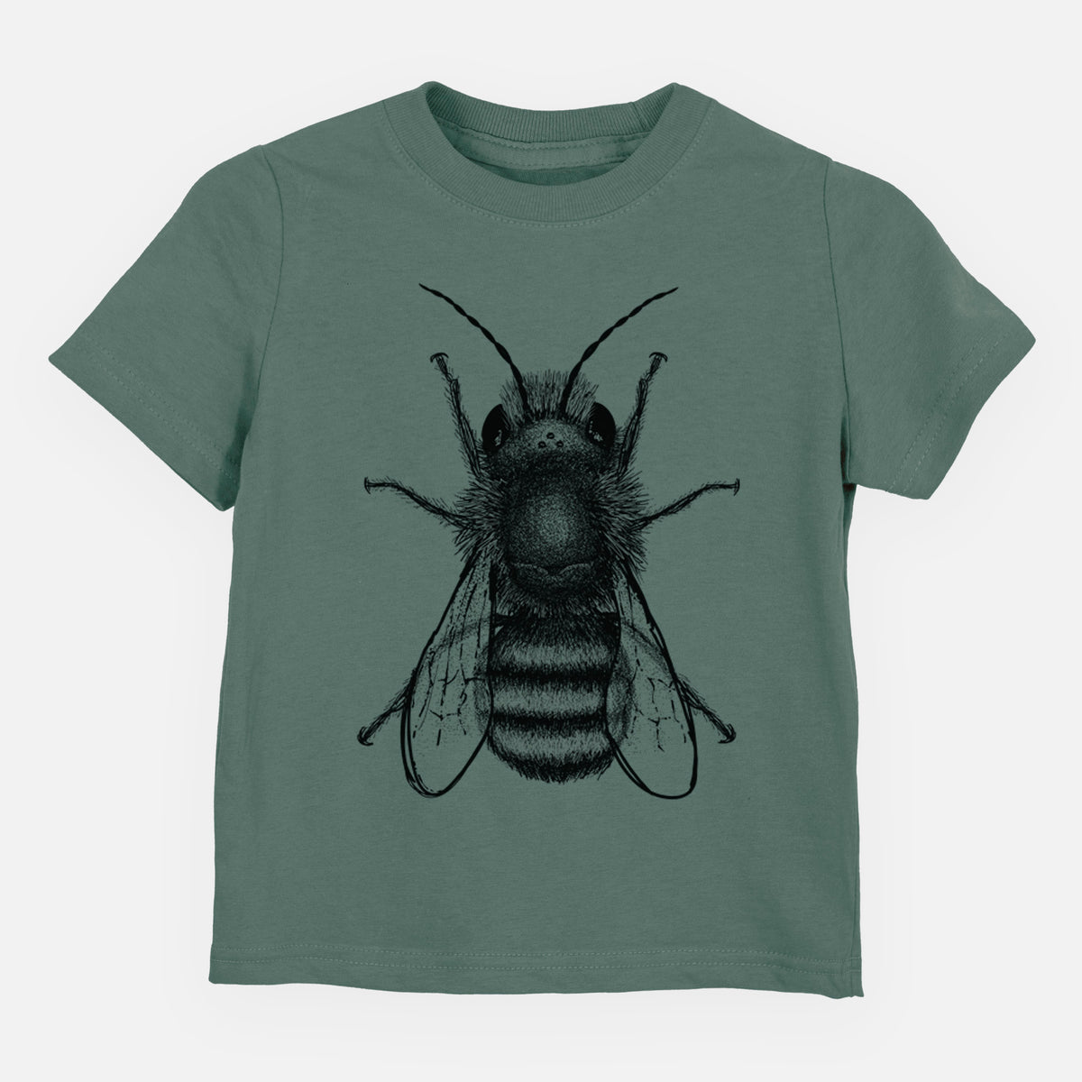 Basil green toddler t-shirt laid flat, printed with a detailed black ink illustration of a red mason bee with its wings spread, seen from above.
