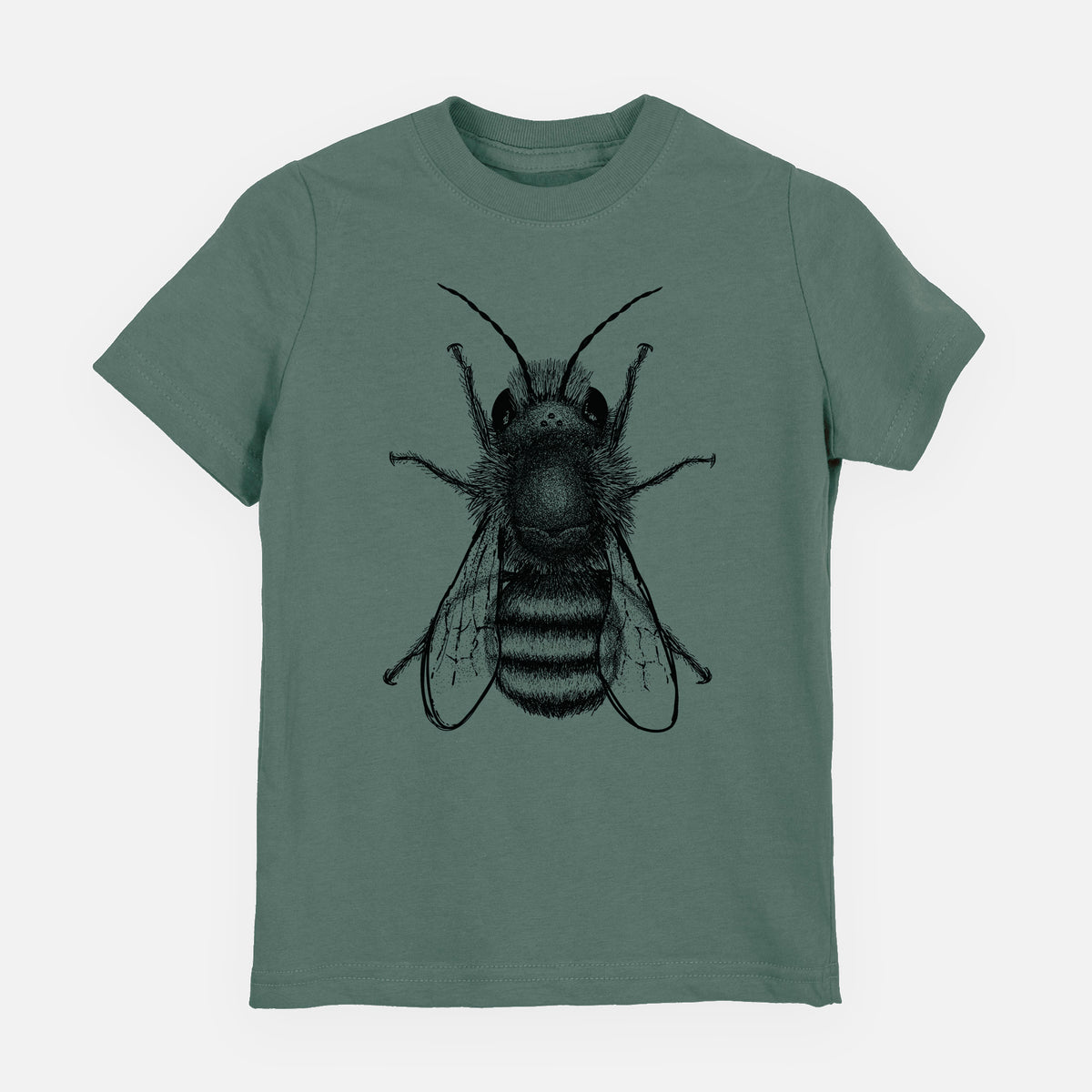 Basil green youth t-shirt laid flat, printed with a detailed black ink illustration of a red mason bee with its wings spread, seen from above.