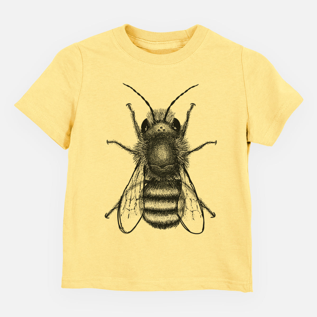 Butter yellow toddler t-shirt laid flat, printed with a detailed black ink illustration of a red mason bee with its wings spread, seen from above.