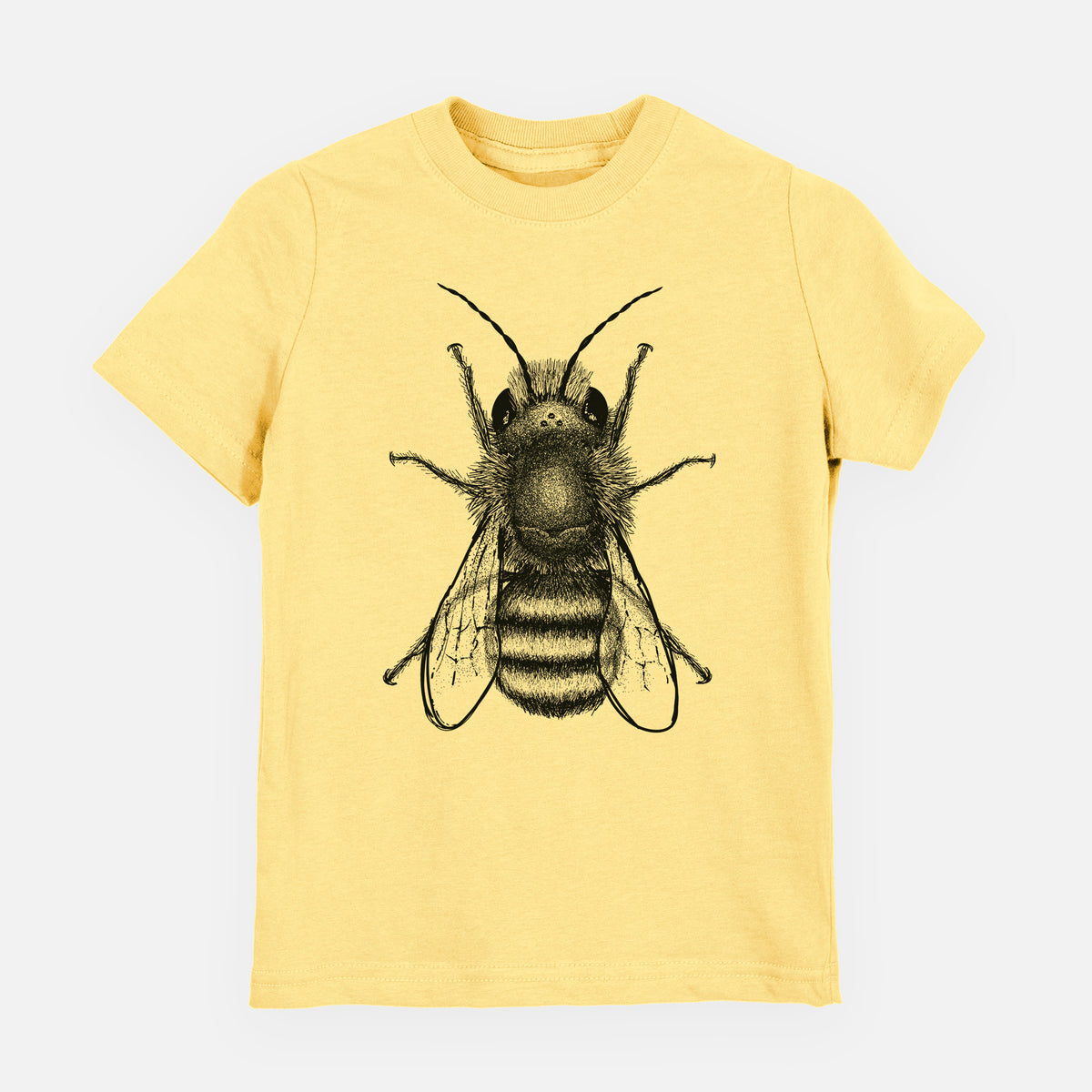 Butter yellow youth t-shirt laid flat, printed with a detailed black ink illustration of a red mason bee with its wings spread, seen from above.