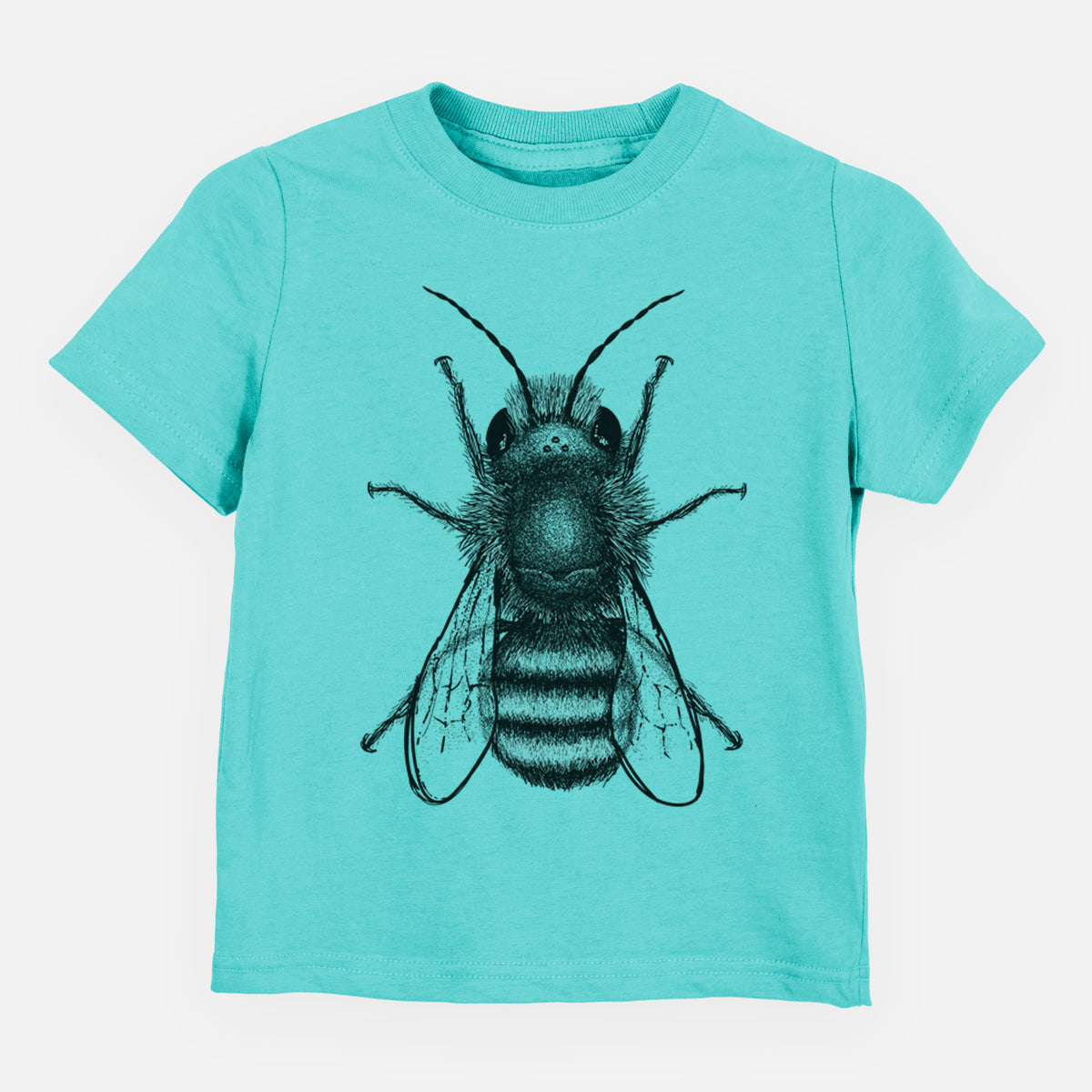 Caribbean blue toddler t-shirt laid flat, printed with a detailed black ink illustration of a red mason bee with its wings spread, seen from above.