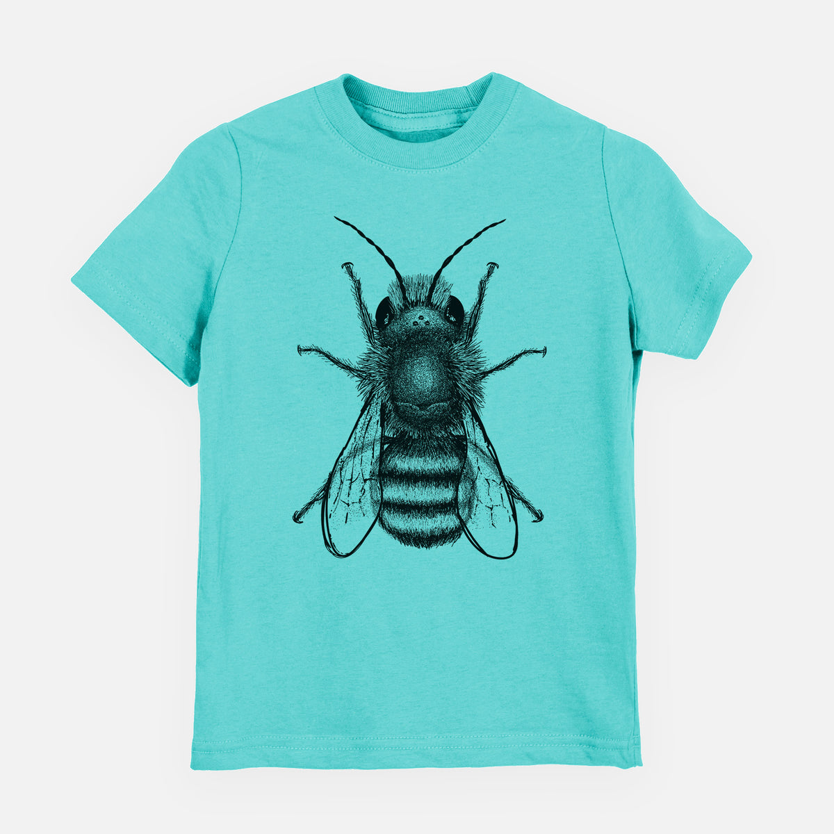 Caribbean blue youth t-shirt laid flat, printed with a detailed black ink illustration of a red mason bee with its wings spread, seen from above.