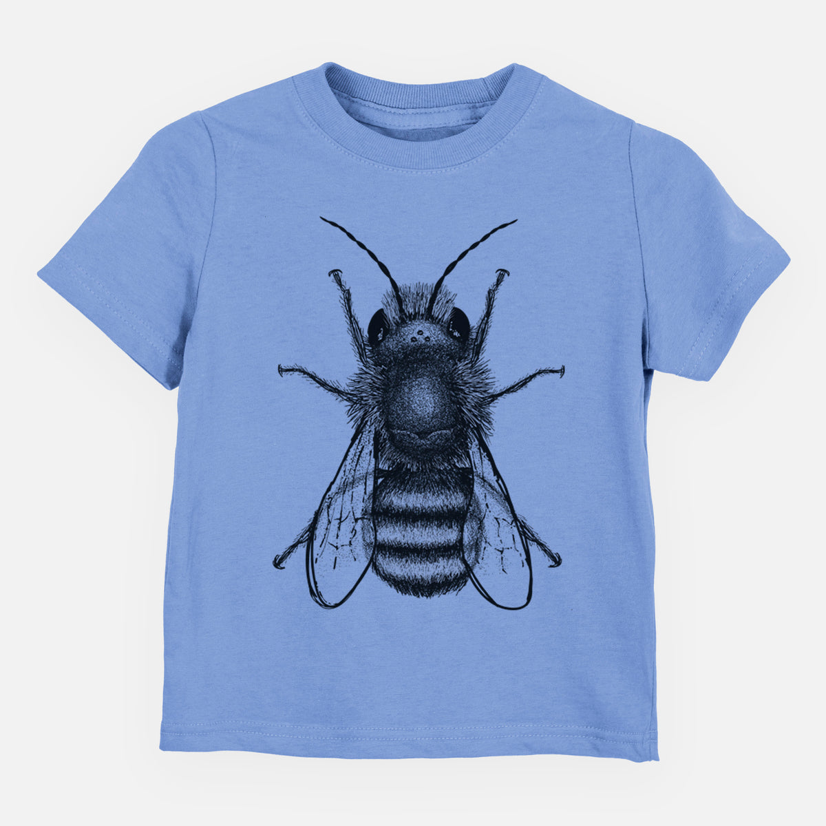 Carolina blue toddler t-shirt laid flat, printed with a detailed black ink illustration of a red mason bee with its wings spread, seen from above.