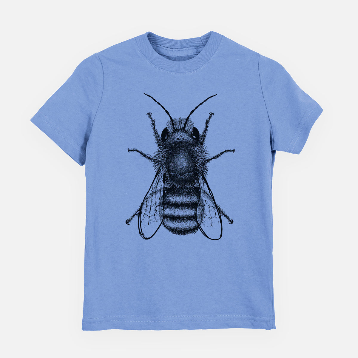 Carolina blue youth t-shirt laid flat, printed with a detailed black ink illustration of a red mason bee with its wings spread, seen from above.