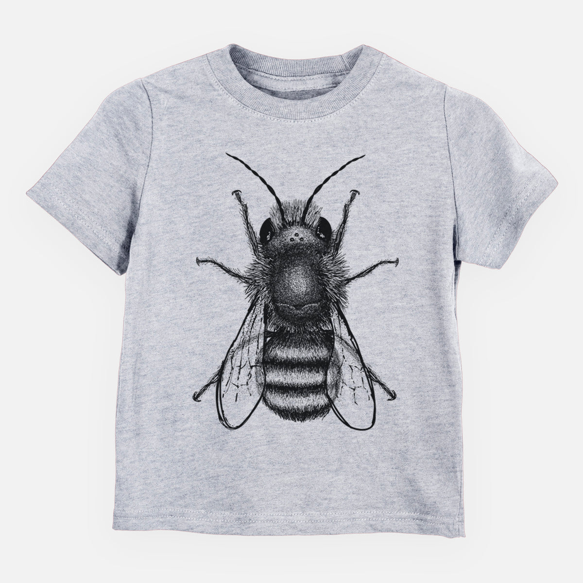 Heather grey toddler t-shirt laid flat, printed with a detailed black ink illustration of a red mason bee with its wings spread, seen from above.