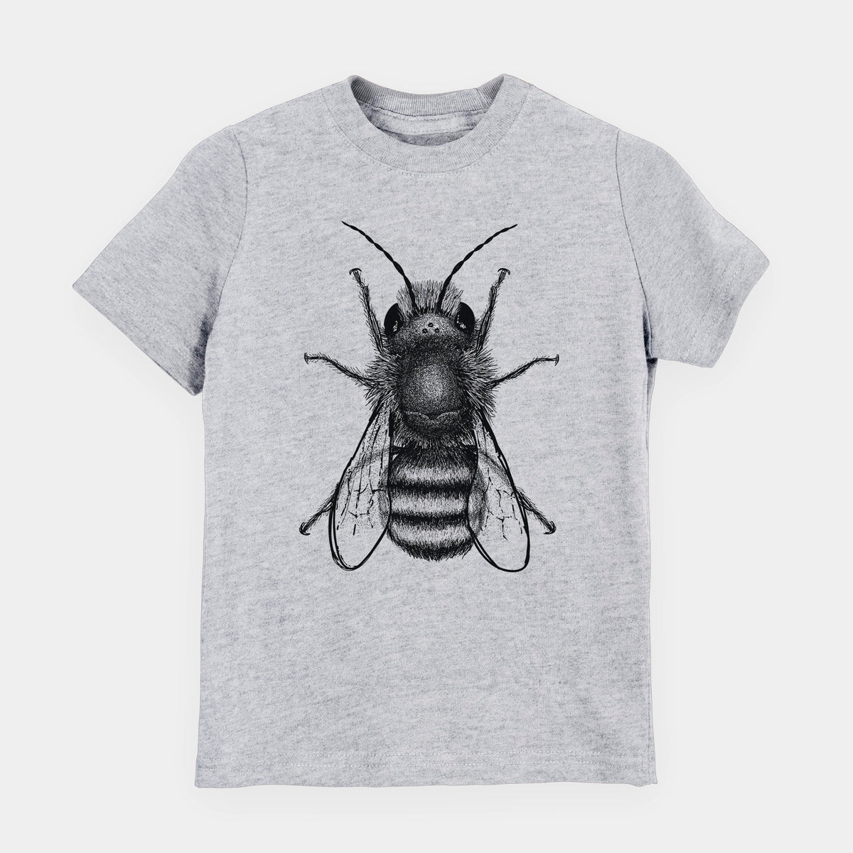 Heather grey youth t-shirt laid flat, printed with a detailed black ink illustration of a red mason bee with its wings spread, seen from above.