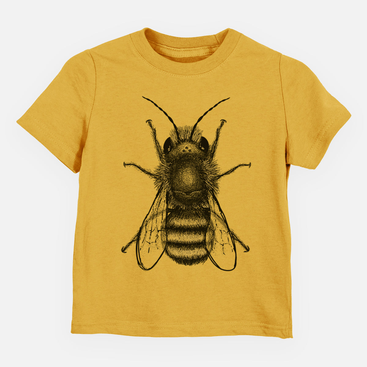 Honeycomb yellow toddler t-shirt laid flat, printed with a detailed black ink illustration of a red mason bee with its wings spread, seen from above.