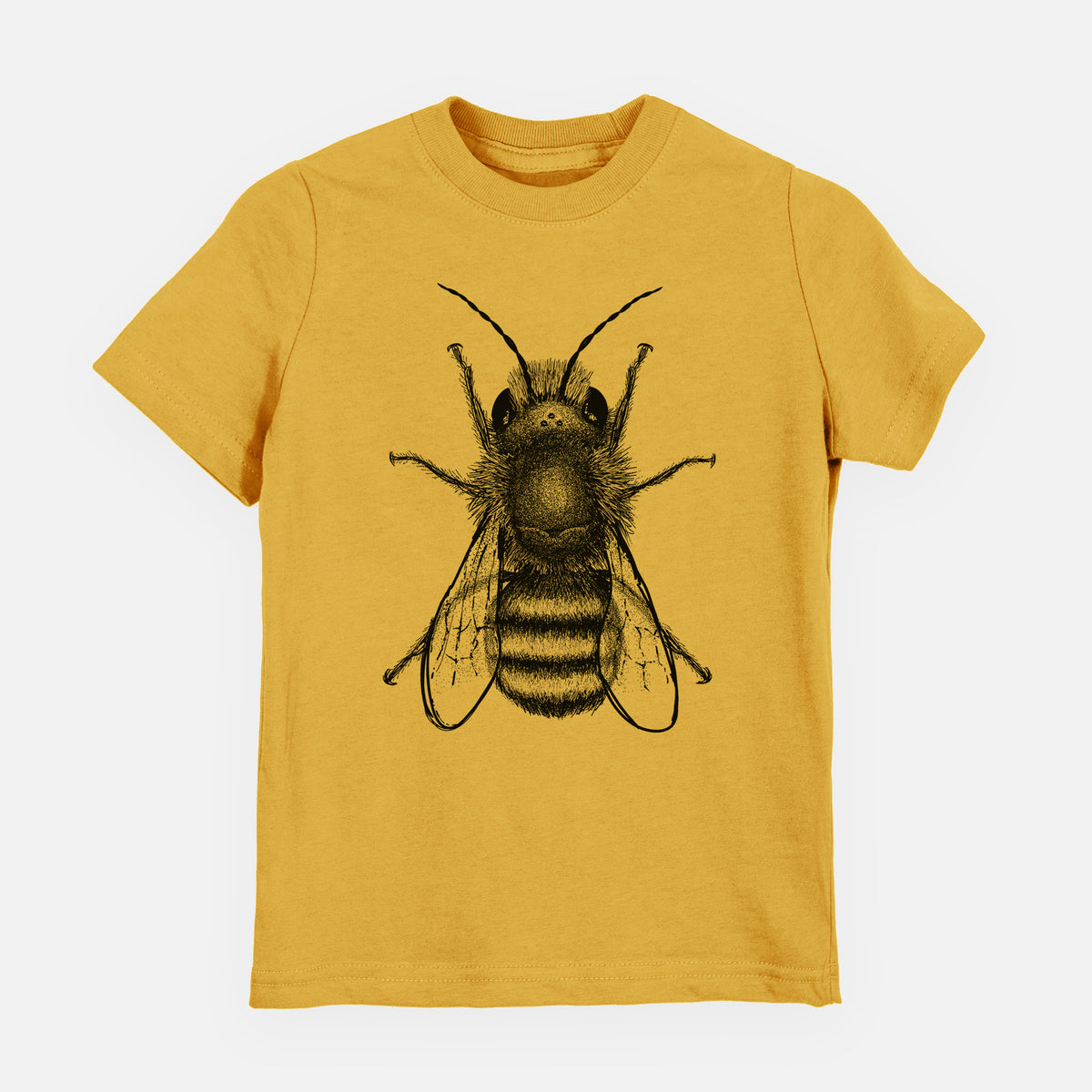 Honeycomb yellow youth t-shirt laid flat, printed with a detailed black ink illustration of a red mason bee with its wings spread, seen from above.