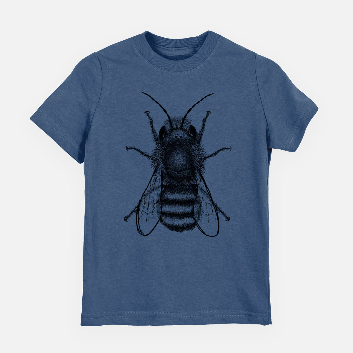 Indigo blue youth t-shirt laid flat, printed with a detailed black ink illustration of a red mason bee with its wings spread, seen from above.