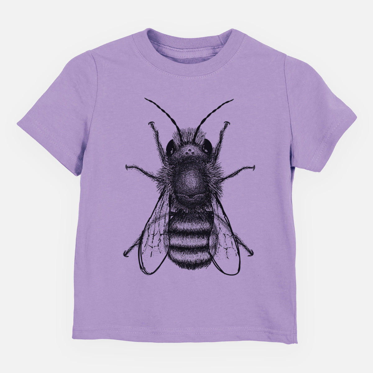 Lavender toddler t-shirt laid flat, printed with a detailed black ink illustration of a red mason bee with its wings spread, seen from above.