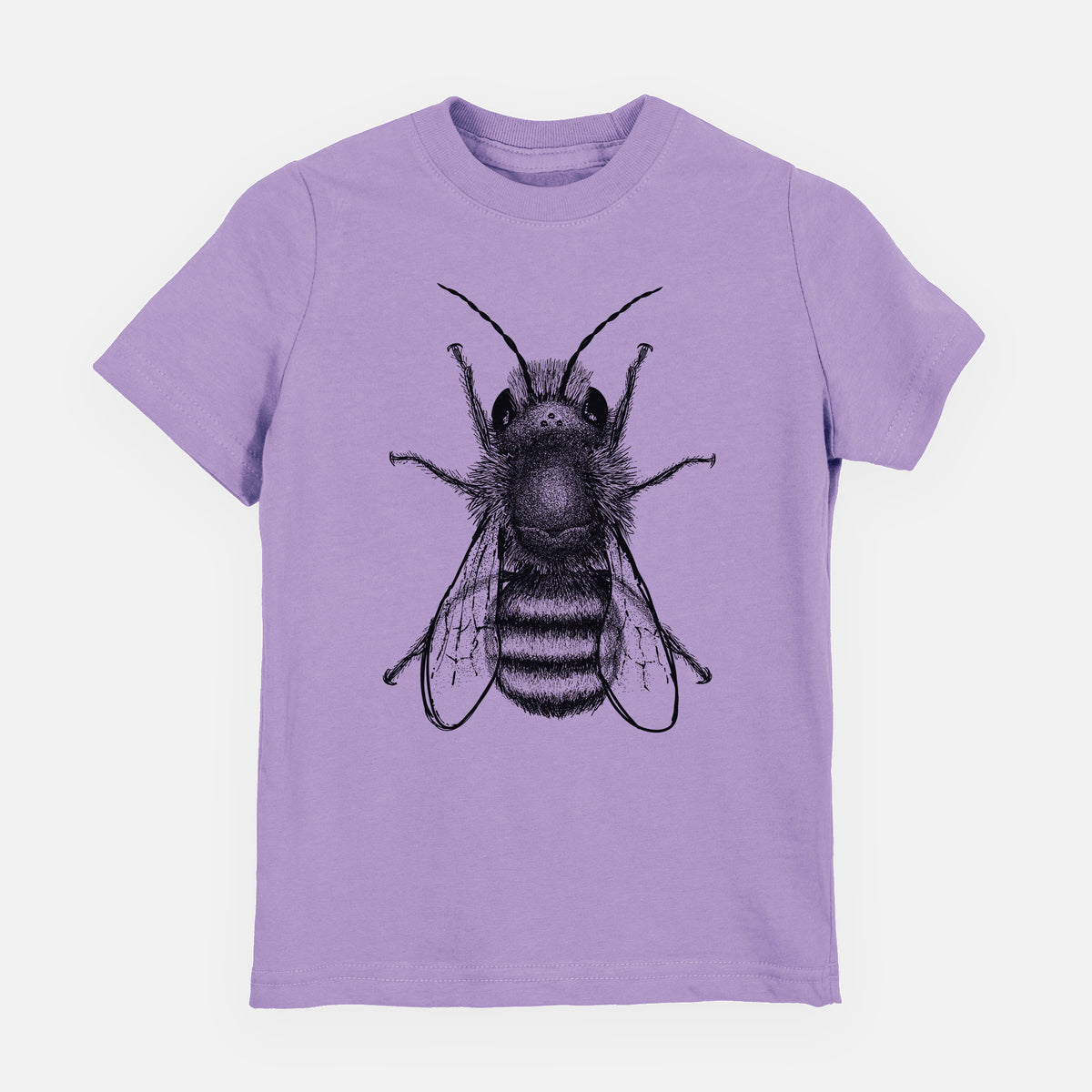 Lavender youth t-shirt laid flat, printed with a detailed black ink illustration of a red mason bee with its wings spread, seen from above.